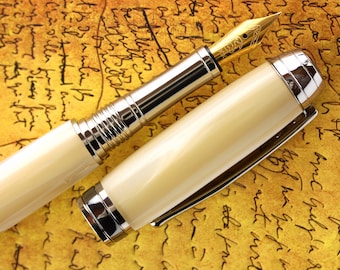 Fountain Pen - Handmade & Engravable Ivory Pearl Body with Black Titanium Accents - Bock 23K Gold plated Bi-metal Size 5 Nib