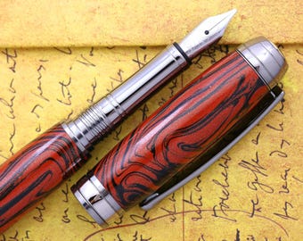 Handmade Mokume Fountain Pen: Black & Red Swirl, Bock Stub Nib