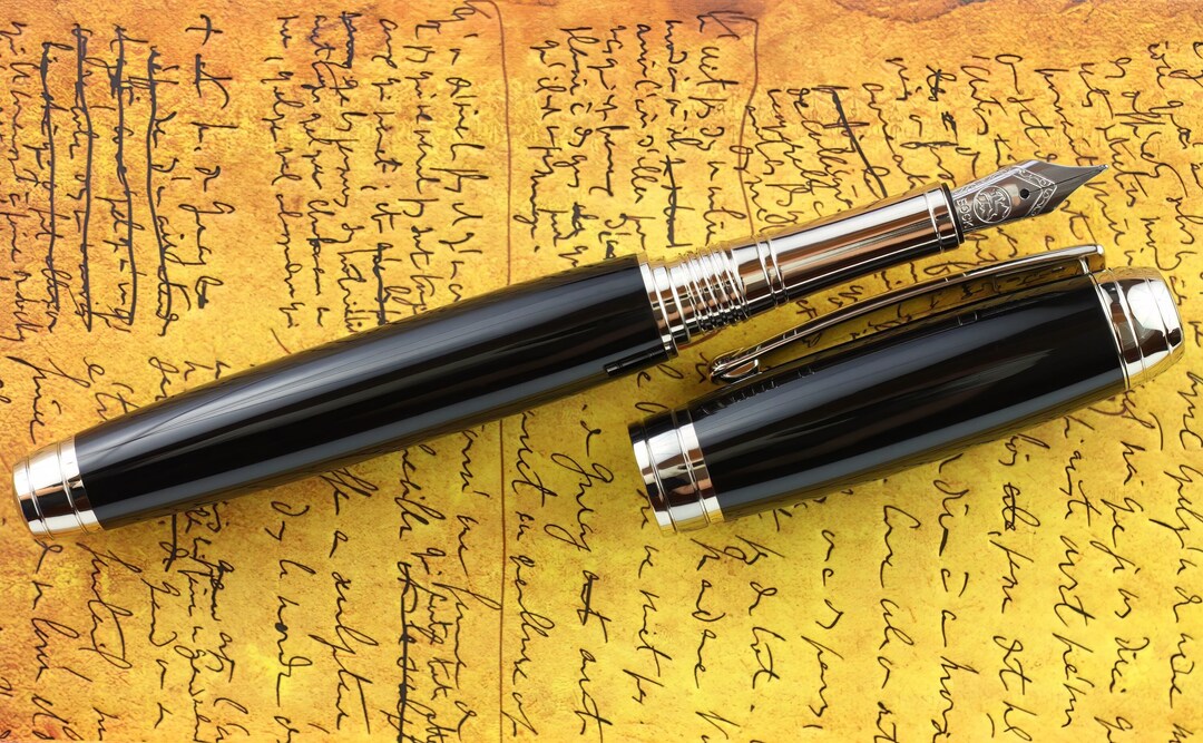 Fountain Pen Hand Polished Super Deep Jet Black Acrylic Bock Stainless Steel Size 5 Nib Etsy