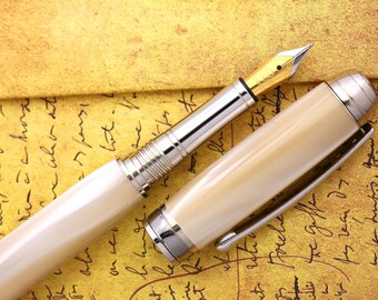 Fountain Pen - Handmade & Engravable Ivory Pearl Body with Black Titanium accents - Beaufort  Nib 23K Gold plated Bi-metal Size 5 Nib