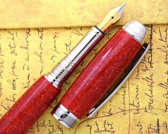 Handmade Ruby Red Diamond Cast Fountain Pen - Engravable 23K Gold Nib