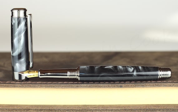 Fountain Pen Engravable & Handmade Black Carbon Pearl Acrylic Beaufort 23K  Gold Plated Bi-metal Size 5 Nib 