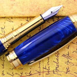 Calligraphy Fountain Pen - Engravable & Handmade Blue Snake Skin Acrylic - Bock 1.1mm Stainless Steel Size 5 Stub Calligraphy Nib