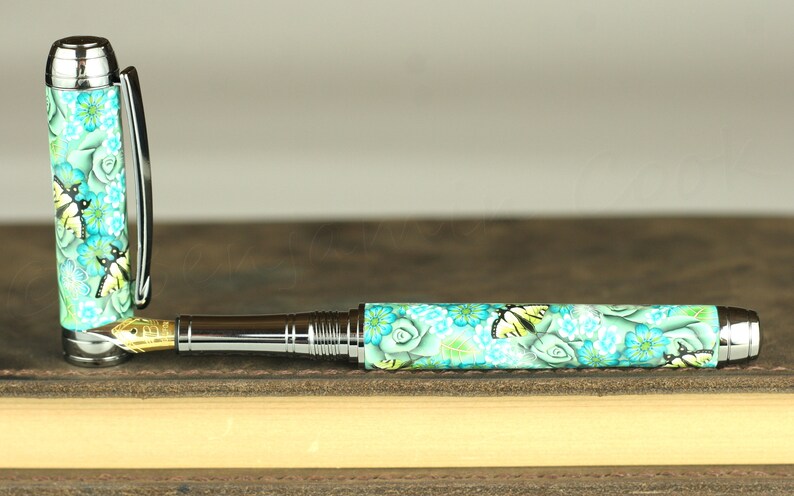 Handmade with Polymer Clay Green Tropical butterfly body Beaufort 23k Gold plated Nib Fountain Pen