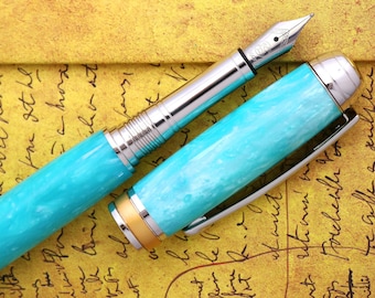 Fountain Pen - Handmade & Engravable Turquoise Acrylic - Bock Stainless Steel Size 5 Nib