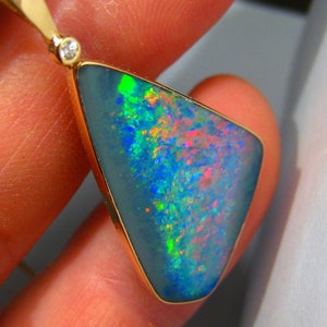 FREE Express Worldwide! GALACTIC RAINBOW Flawless SuperGem Opal inlay black boulder 14k solid gold diamond pendant 418