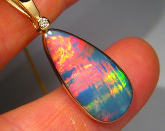 Super RED Rainbow! Flawless Unique patterned Gem Australian Opal Inlay Solid 14K Gold Diamond Pendant 445