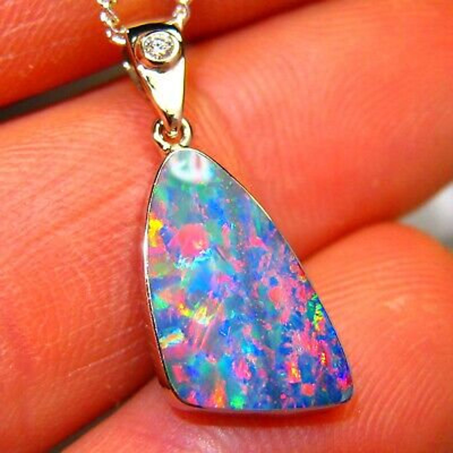 Rainbow HARLEQUIN Andamooka Opal inlay 14k solid White gold Etsy