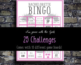 May include: A pink and gray bachelorette bingo game card with 25 challenges. The card has a fun game with the girls and comes with 10 different game boards.