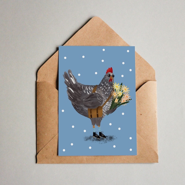 Postkarte - Geburtstagskarte - Huhn mit Blumenstrauß