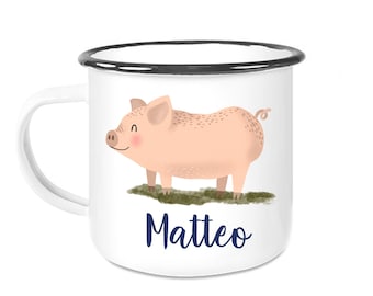Emaille Tasse, personalisierte Tasse, Tasse mit Namen, Namenstasse Schwein, Kinderbecher, Geschenk