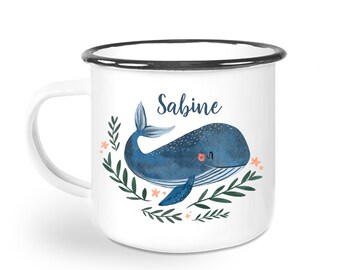 Emaille Tasse, personalisierte Tasse, Tasse mit Namen, Namenstasse Wal, Kinderbecher, Geschenk