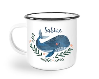 Tasse en émail, tasse personnalisée, tasse avec nom, tasse pour enfant baleine, tasse avec motif animal
