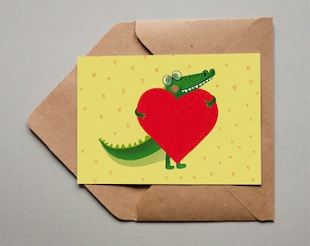 Karte, Karte zum Geburtstag, Valentinstagskarte, Geburtstagskarte, Krokodil mit Herz, Karte Liebe