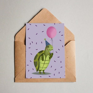 Karte zum Geburtstag, Geburtstagskarte, Grußkarte, Schildkröte mit Luftballoon