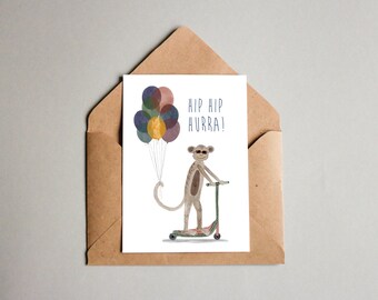 Karte zum Geburtstag, Geburtstagskarte, Affe, Herzlichen Glückwunsch, Hip hip hurra
