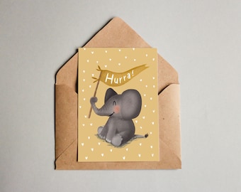 Postcard - Birth card - Birthday card - Hooray - Elephant