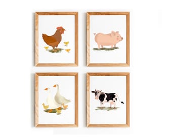 Tier Poster - Posterset - Bauernhof Tiere - Kinderposter Kinderzimmerbilder Trecker Huhn Gänse Kuh Schwein Pferd