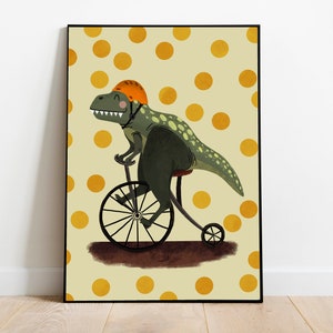 Kinderposter - Poster - Dinosaurier - Fahrrad fahrender Dino Kinderzimmer Bild Dinosaurier