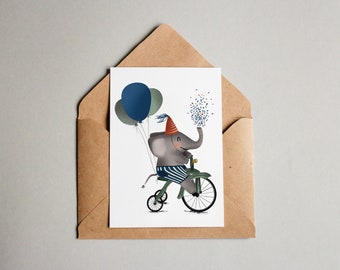 Postcard - Birthday card - Birth card - Elephant on bike