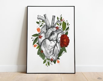 Kunstdruck - Poster - Anatomische Herz - Herz - Illustration gezeichnetes anatomisches Herz - Florales Herz