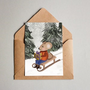 Weihnachtskarte, Karte zu Weihnachten Maus, Weihnachtskarten Schlitten fahren