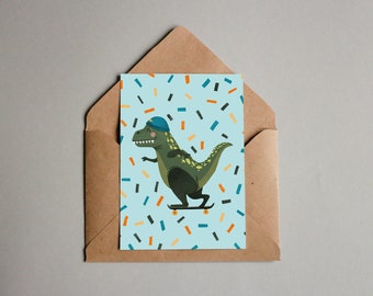 Postcard - Birthday card - Happy Birthday - Dino Skateboard- Tyrannosaurus rex