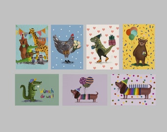 Set of postcards - Birthday cards - Happy Birthday - Dachshund - Dino - Chicken - Bear