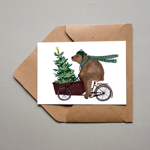 Weihnachtskarte - Bär auf Fahrrad mit Weihnachtsbaum