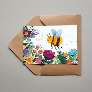 Karte, Biene, Geburtstagskarte, Bee Happy, Biene mit Blumen, Glückwunsch Karte