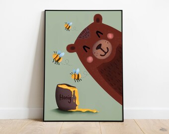 Art print - Poster - Bear with honey and bees - Happy