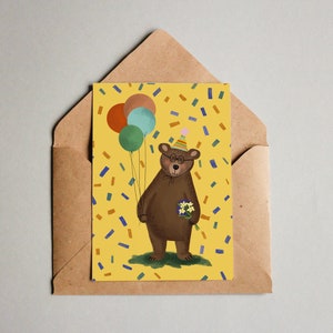 Karte zum Geburtstag, Geburtstagskarte, Bär mit Blumen, Kindergeburtstag