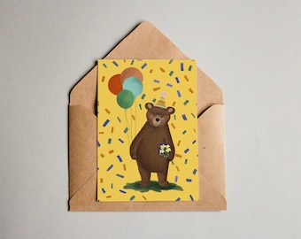 Postcard - Birthday card - bear with flowers