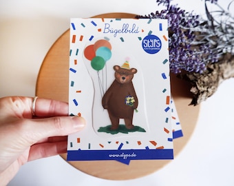 Bügelbild Bär, Bär mit Balloon und Blumen, Bügelpatch zum Aufbügeln für Textilien