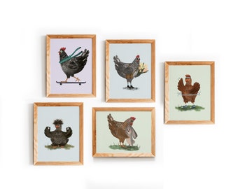 Poster set - Chickens - Meditation - Sporty - Skateboard - Love