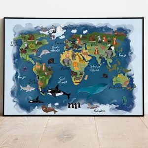 Kinderposter Weltkarte Tiere Poster - Tiere rund um die Welt - Tierposter