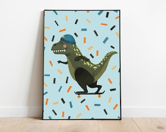 Kinderposter - Poster - Dinosaurier - Dino mit Skateboard Kinderzimmer Bild