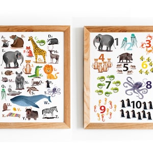 Kinderposter posterset - ABC poster - nummerposter - dieren - aquarel