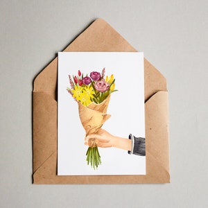 Carte bouquet de fleurs, merci, carte d'anniversaire, fleurs jaunes, carte de voeux