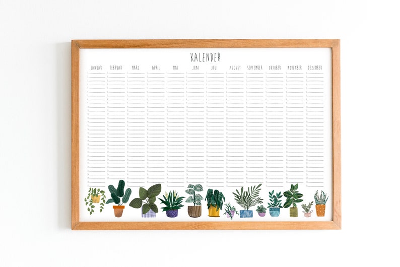 May include: A framed calendar with a white background and black text. The calendar is divided into 12 months, with each month having a row of lines for writing in dates and events. The bottom of the calendar features a row of potted plants in various colors and styles.