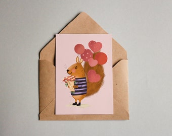 Postcard - Valentine's Day card - Wedding card - Squirrel with heart