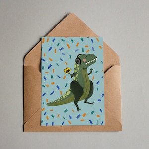 Tarjeta de dinosaurio, tarjeta de cumpleaños, feliz cumpleaños, música de dinosaurio, tiranosaurio rex