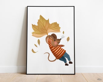 Children's poster - poster - children's picture mouse Sabine - mouse with leaf nursery picture