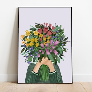 Impressão artística - pôster - buquê de flores - buquê de flores na frente do rosto - buquê gigante