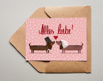 Postcard - Wedding card - Card to the wedding - Dachshund couple - All love - Love - Wedding