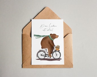 Postkarte - Bär auf Fahrrad - Das leben ist schön!