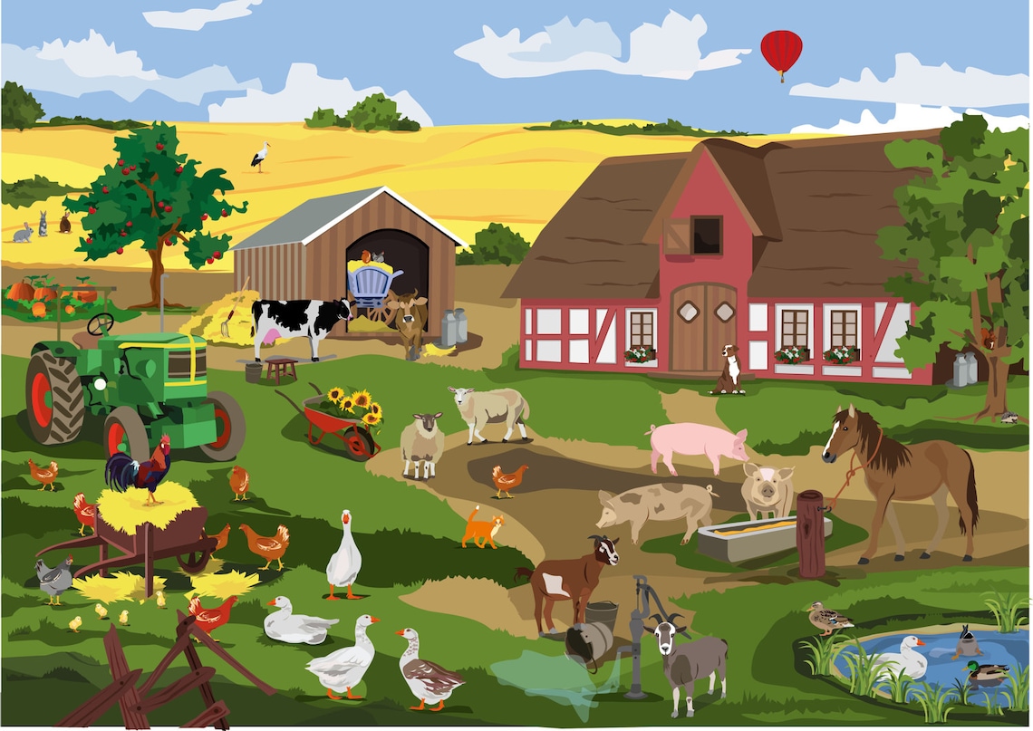 Kunstdruck Illustration Tiere Bauernhof Trecker Wimmelbild | Etsy
