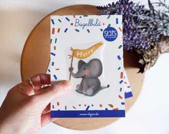 Bügelbild Elefant, Elefant Hurra, Bügelpatch zum Aufbügeln für Textilien