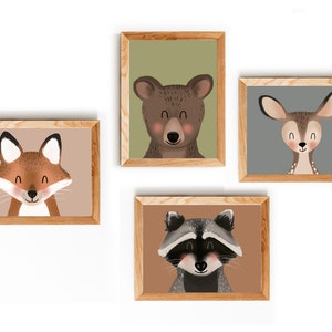 Tier Poster - Posterset - Waltiere - Kinderposter Kinderzimmerbilder Bär Waschbär Fuchs Reh