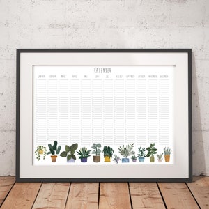 May include: A printable calendar with a simple design featuring a row of potted plants at the bottom. The calendar is labeled with the months of the year in German: "Januar", "Februar", "M&auml;rz", "April", "Mai", "Juni", "Juli", "August", "September", "Oktober", "November", "Dezember".
